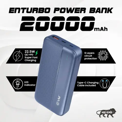 EVM EnTurbo P0204 20000mAh Power Bank | 22.5W QC+PD Fast Charging | USB & Type-C | Li-Polymer | BIS Certified (Blue) 2 EVM EnTurbo P0204 20000mAh Power Bank | 22.5W QC+PD Fast Charging | USB & Type-C | Li-Polymer | BIS Certified (Blue)