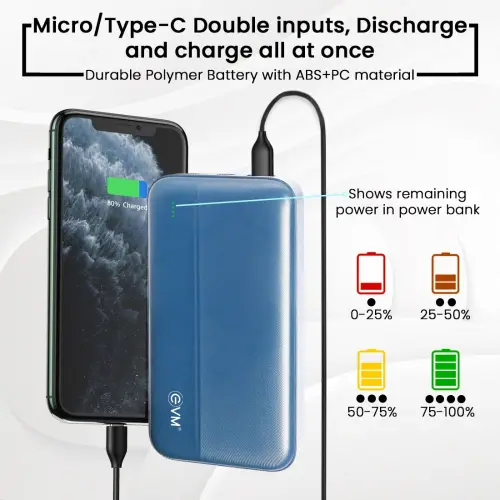 EVM EnTurbo P0204 20000mAh Power Bank | 22.5W QC+PD Fast Charging | USB & Type-C | Li-Polymer | BIS Certified (Blue) 3 EVM EnTurbo P0204 20000mAh Power Bank | 22.5W QC+PD Fast Charging | USB & Type-C | Li-Polymer | BIS Certified (Blue)