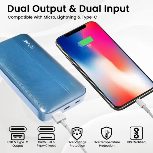 EVM EnTurbo P0204 20000mAh Power Bank | 22.5W QC+PD Fast Charging | USB & Type-C | Li-Polymer | BIS Certified (Blue) 5 EVM EnTurbo P0204 20000mAh Power Bank | 22.5W QC+PD Fast Charging | USB & Type-C | Li-Polymer | BIS Certified (Blue)