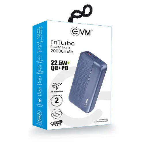EVM EnTurbo P0204 20000mAh Power Bank | 22.5W QC+PD Fast Charging | USB & Type-C | Li-Polymer | BIS Certified (Blue) 6 EVM EnTurbo P0204 20000mAh Power Bank | 22.5W QC+PD Fast Charging | USB & Type-C | Li-Polymer | BIS Certified (Blue)