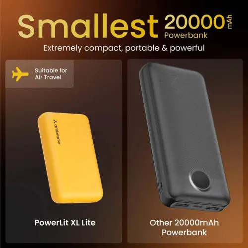 Ambrane Powerlit XL Lite | 20000mAh Pocket Power Bank | 22.5W Fast Charging | Compact & Travel-Friendly (Black)