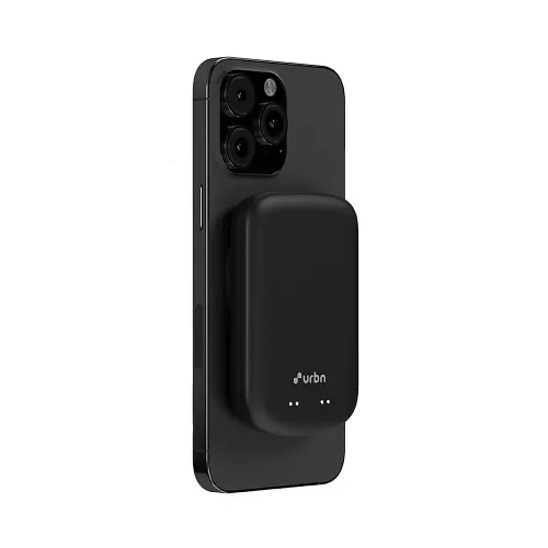 URBN Compact MagTag 5000mAh Wireless Power Bank with 15W Wireless Charging |  Magsafe Compatible |  Magtag Ring Included (Black)