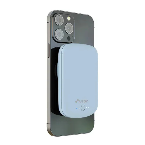 URBN Compact MagTag 5000mAh Wireless Power Bank with 15W Wireless Charging |  Magsafe Compatible |  Magtag Ring Included (Light Blue)
