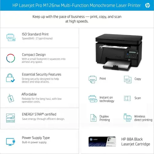 HP LaserJet Pro M126nw Wireless Black & White Multi-Function Laserjet Printer (Wireless Direct Printing, CZ175A, Black)