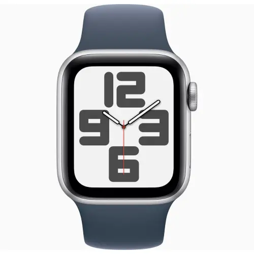 Apple Watch SE (40mm, GPS + Cellular) Silver Aluminium Case with Storm Blue Sport Band - M/L (Band fits 150-200mm wrists)