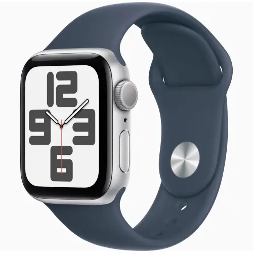 Apple Watch SE (40mm, GPS) Silver Aluminium Case with Storm Blue Sport Band - M/L (Band fits 150-200mm wrists)