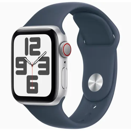 Apple Watch SE (40mm, GPS + Cellular) Silver Aluminium Case with Storm Blue Sport Band - S/M (Band fits 130-180mm wrists)