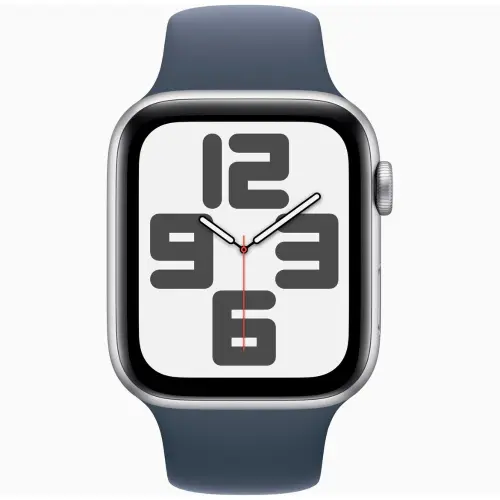 Apple Watch SE (44mm, GPS + Cellular) Silver Aluminium Case with Storm Blue Sport Band - M/L (Band fits 150-200mm wrists)