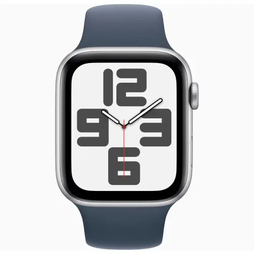 Apple Watch SE (44mm, GPS) Silver Aluminium Case with Storm Blue Sport Band - M/L (Band fits 150-200mm wrists)