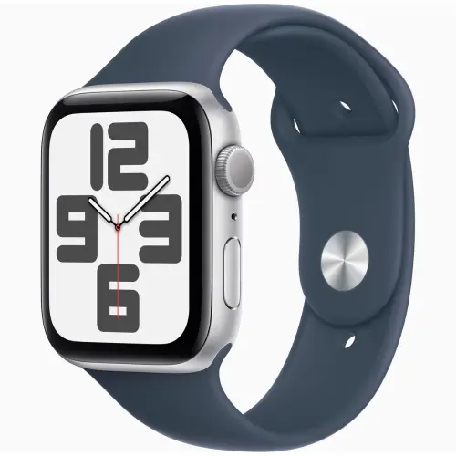 Apple Watch SE (44mm, GPS) Silver Aluminium Case with Storm Blue Sport Band - M/L (Band fits 150-200mm wrists)