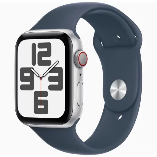 Apple Watch SE (44mm, GPS + Cellular) Silver Aluminium Case with Storm Blue Sport Band - S/M (Band Fits 130-180mm wrists)