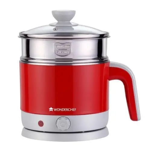 Wonderchef Crimson Edge Multicook Stainless Steel 1.2 Litres Electric Kettle with Power On and Ready Indicator, Egg Boiler, Glass Lid (Red)