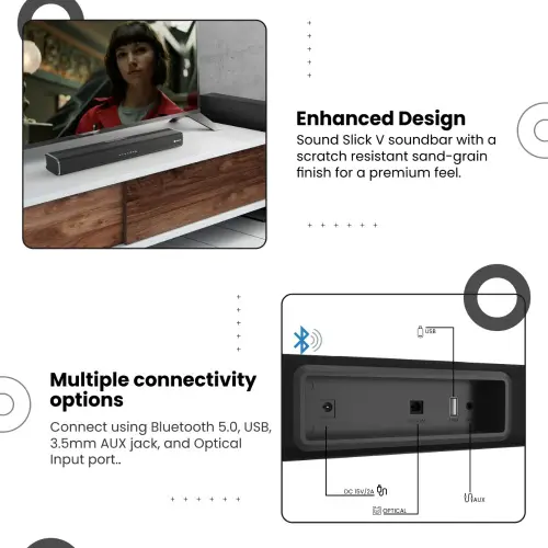 Portronics Sound Slick V Wireless Soundbar With 80W Sound Delivery, 3.5mm AUX Jack, Optical Input (Black) 6 Portronics Sound Slick V Wireless Soundbar With 80W Sound Delivery, 3.5mm AUX Jack, Optical Input (Black)
