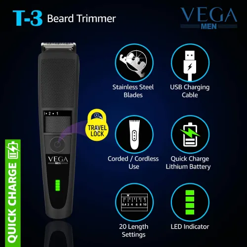 Vega T3 Beard Trimmer with 20 Length Setting, Black (VHTH19) 2 Vega T3 Beard Trimmer with 20 Length Setting, Black (VHTH19)