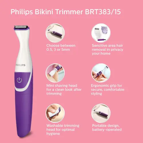 Philips Essential Bikini Trimmer with 3 Length Setting, White & Violet (BRT383/15)