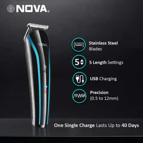 Nova Trimmer with 5 Length Setting, USB Charging, Black (NHT-1073) 2 Nova Trimmer with 5 Length Setting, USB Charging, Black (NHT-1073)