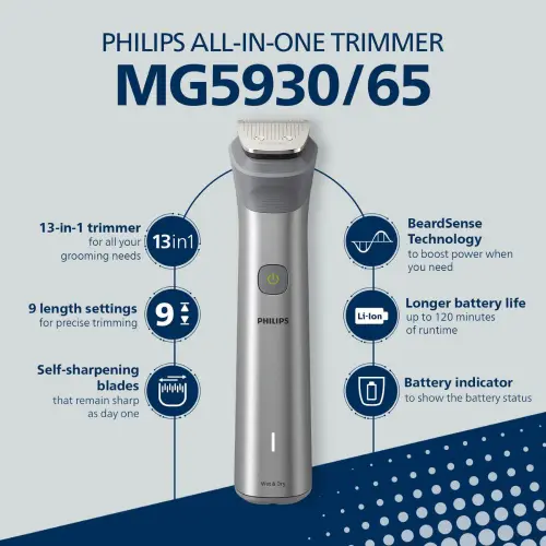 Philips Series 5000 13 in 1 Grooming Kit with 9 length Settings, Beard Sense Technology, Silver (MG5930/65) 10 Philips Series 5000 13 in 1 Grooming Kit with 9 length Settings, Beard Sense Technology, Silver (MG5930/65)