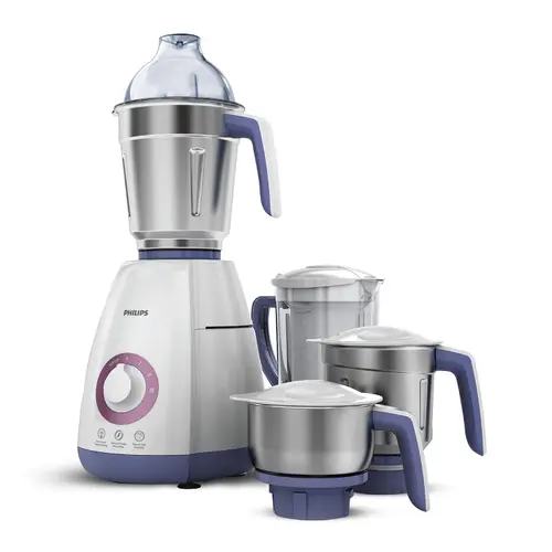 Philips Viva Collection 4 Jars Mixer Grinder with Auto Cut-off Protection, 750 Watts, ABS Body (White and Blue, HL7701/00)