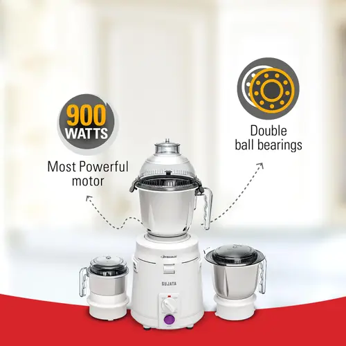 Sujata Dynamix Mixer Grinder | 900W Motor | 22000 RPM | 90 Minutes Continuous Running | 3 Jars | White 4 Sujata Dynamix Mixer Grinder | 900W Motor | 22000 RPM | 90 Minutes Continuous Running | 3 Jars | White