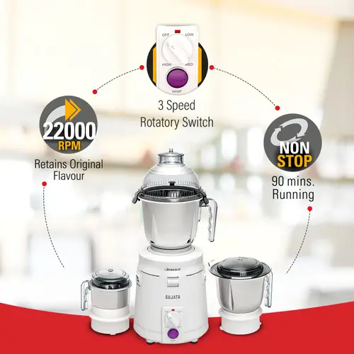 Sujata Dynamix Mixer Grinder | 900W Motor | 22000 RPM | 90 Minutes Continuous Running | 3 Jars | White 5 Sujata Dynamix Mixer Grinder | 900W Motor | 22000 RPM | 90 Minutes Continuous Running | 3 Jars | White