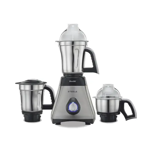 Preethi Supreme Steel Mixer with 3 Jars, Rotary Switch, 3 Speed Settings Control, Stainless Steel Jars (Black & Steel)