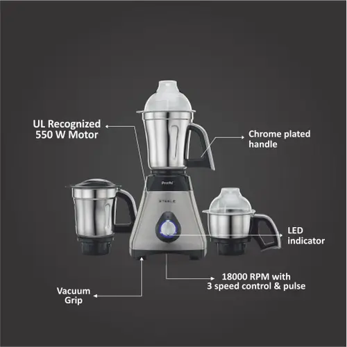 Preethi Supreme Steel Mixer with 3 Jars, Rotary Switch, 3 Speed Settings Control, Stainless Steel Jars (Black & Steel) 5 Preethi Supreme Steel Mixer with 3 Jars, Rotary Switch, 3 Speed Settings Control, Stainless Steel Jars (Black & Steel)