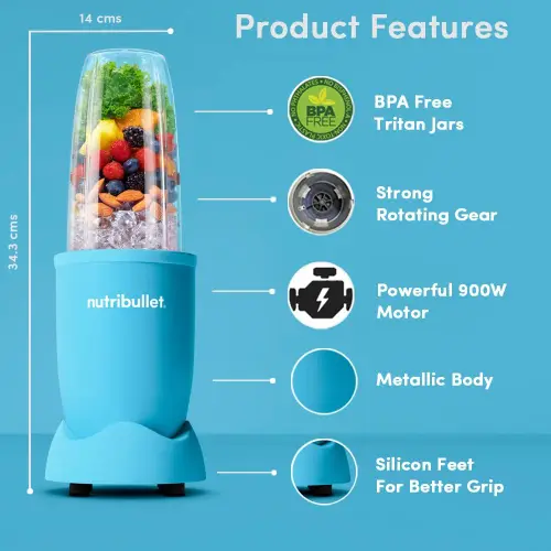Nutribullet 900 Watts Blender with Leak Proof jars, Easy to Use, Hands Free Blending (NB9-1249AB, Matte Light Blue)