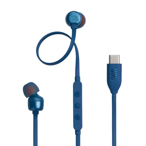JBL Tune 310C USB Earphone with EQ Presets Control, Tangle-Free Flat Cable, 3 Button Remote with Microphone (Blue)