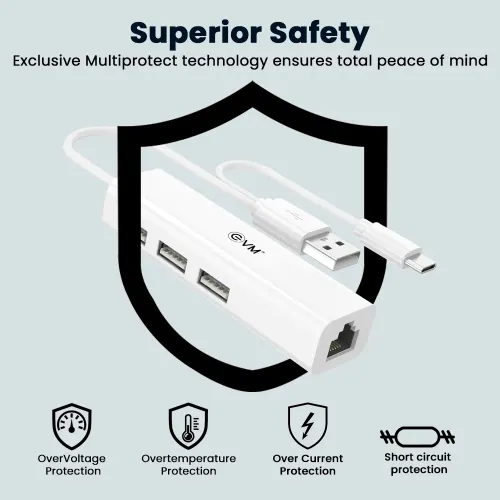 EVM H2 USB 2.0 + RJ 45 HUB with Ethernet Adapter with 100 MBPS Speed, Suitable for Laptop, Tablet & Mobiles (White) 4 EVM H2 USB 2.0 + RJ 45 HUB with Ethernet Adapter with 100 MBPS Speed, Suitable for Laptop, Tablet & Mobiles (White)