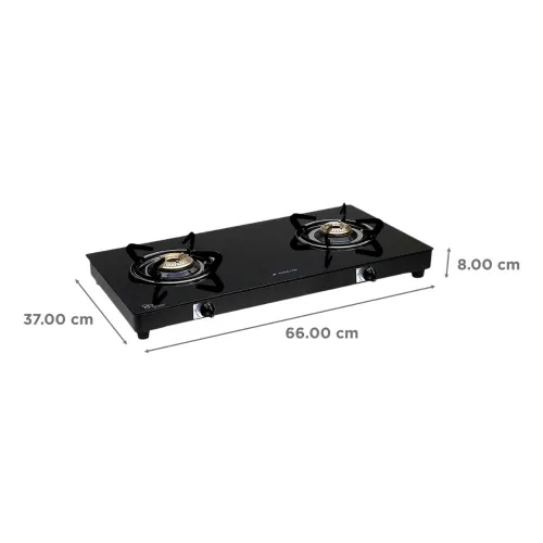 Elica 662 CT Vetro 1J Cooktop with Manual Ignition, Toughened Glass Top, 2 Brass Burners, High Quality Knob (Black)