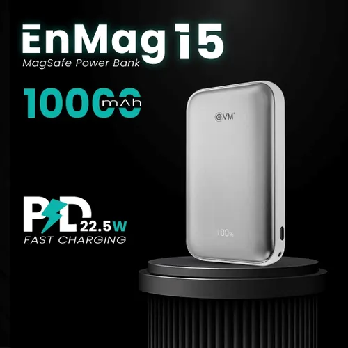 EVM EnMag 15 MagSafe Power Bank | 10000mAh | 15W Wireless Charging | 22.5W PD Fast Charging | LED Display (Grey)