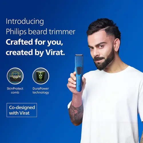 Philips Trimmer Co-designed by Virat with Skin Protect Comb, Dura Power Technology, Blue (BT1230/88)