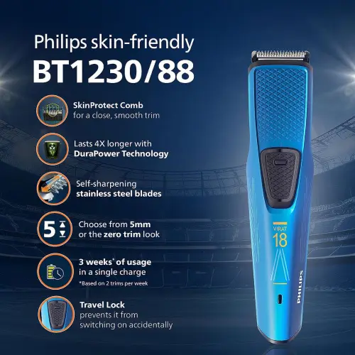 Philips Trimmer Co-designed by Virat with Skin Protect Comb, Dura Power Technology, Blue (BT1230/88)