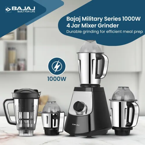 Bajaj Military Series Evoque 1000W Mixer Grinder with 4 Jar | 3-Speed Control With Pulse Effect Mixie (Jet Black)
