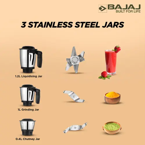 Bajaj Military Series Finesse 750W Mixer Grinder with 3 Stainless Steel Military Grade Jars (Midnight Black) 4 Bajaj Military Series Finesse 750W Mixer Grinder with 3 Stainless Steel Military Grade Jars (Midnight Black)