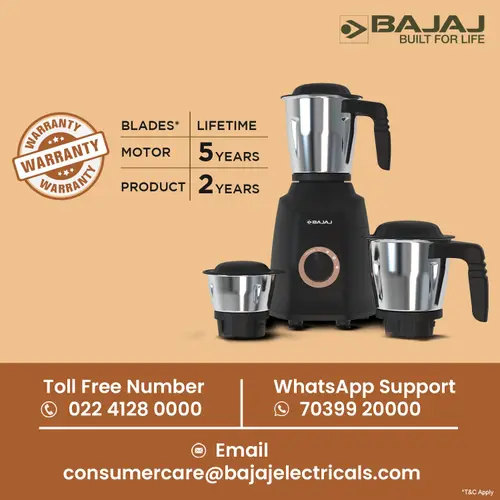 Bajaj Military Series Finesse 750W Mixer Grinder with 3 Stainless Steel Military Grade Jars (Midnight Black) 5 Bajaj Military Series Finesse 750W Mixer Grinder with 3 Stainless Steel Military Grade Jars (Midnight Black)