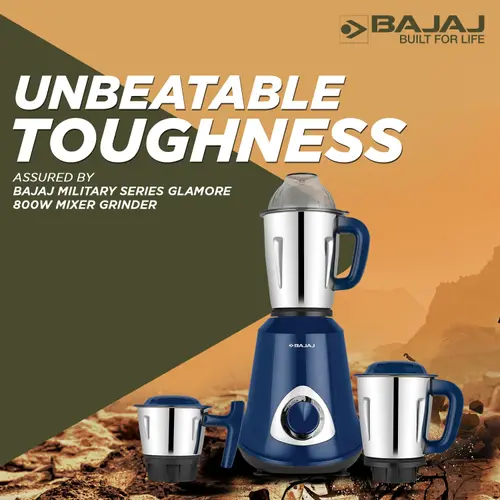 Bajaj Military Series Glamore 800W Mixer Grinder with 3 Stainless Steel Military Grade Jars (Royal Blue) 3 Bajaj Military Series Glamore 800W Mixer Grinder with 3 Stainless Steel Military Grade Jars (Royal Blue)