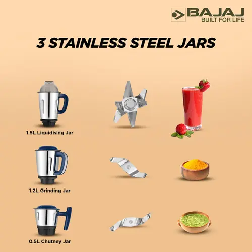 Bajaj Military Series Glamore 800W Mixer Grinder with 3 Stainless Steel Military Grade Jars (Royal Blue) 4 Bajaj Military Series Glamore 800W Mixer Grinder with 3 Stainless Steel Military Grade Jars (Royal Blue)