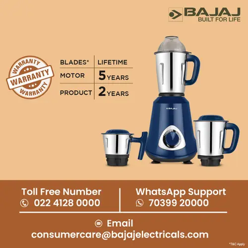 Bajaj Military Series Glamore 800W Mixer Grinder with 3 Stainless Steel Military Grade Jars (Royal Blue) 5 Bajaj Military Series Glamore 800W Mixer Grinder with 3 Stainless Steel Military Grade Jars (Royal Blue)