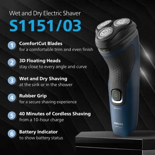 Philips 1000 Series Shaver with 27 Self Sharpening Blades, 3D Floating Heads, Blue (S1151/03)