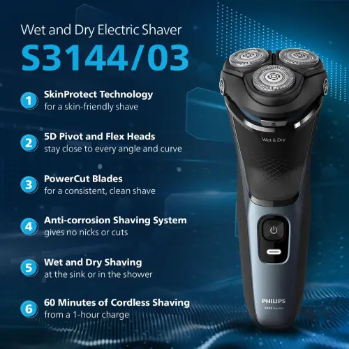 Philips 3000 Series Shaver with SkinProtect Technology, Pop-up Trimmer, 5D Floating Heads, Grey (S3144/03)