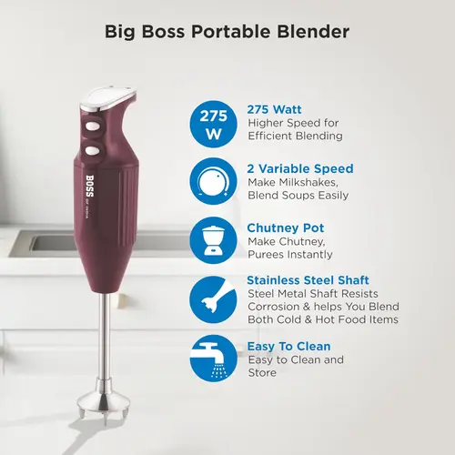 Boss Big Boss B136 Hand Blender with 275W, Two Speed Control (Maroon)