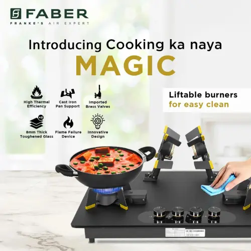 Faber Magiclift Hobtop with 4 Burners, Premium Knobs Controls, Flame Failure Device, Cast Iron Pan Support (Black) 2 Faber Magiclift Hobtop with 4 Burners, Premium Knobs Controls, Flame Failure Device, Cast Iron Pan Support (Black)