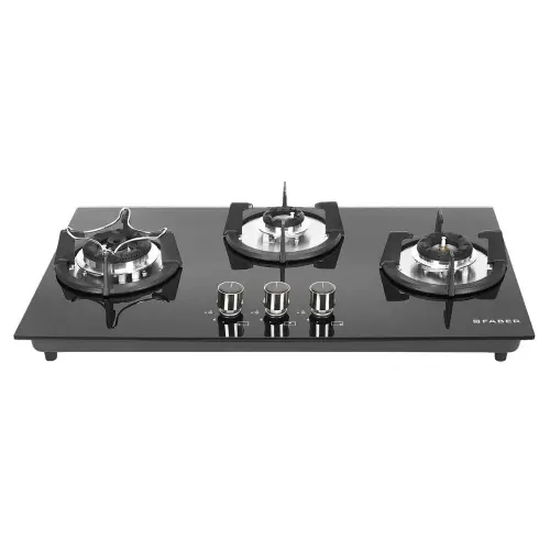 Faber Superia Hob with 3 Brass Burners, Toughened Black Glass, Black Enameled Pan Support, In-Built Auto Ignition (Black)