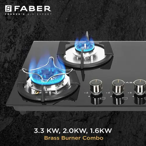 Faber Superia Hob with 4 Brass Burners, Toughened Black Glass, Black Enameled Pan Support (Black) 4 Faber Superia Hob with 4 Brass Burners, Toughened Black Glass, Black Enameled Pan Support (Black)