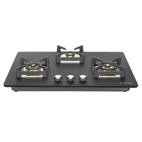 Faber Bella Hob with 3 Full Brass Burners, Premium Metal Knobs, Cast Iron Pan Support (Black)