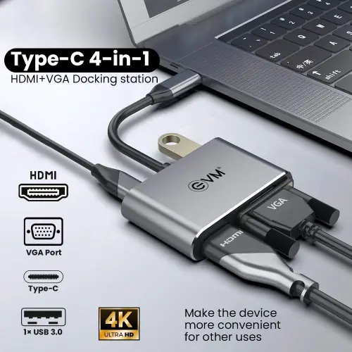 EVM Type C 4-in-1 HDMI+VGA Docking Station Multiport with with 4K HDMI, VGA, USB 3.0, PD Charging ((EVMCHV) 2 EVM Type C 4-in-1 HDMI+VGA Docking Station Multiport with with 4K HDMI, VGA, USB 3.0, PD Charging ((EVMCHV)