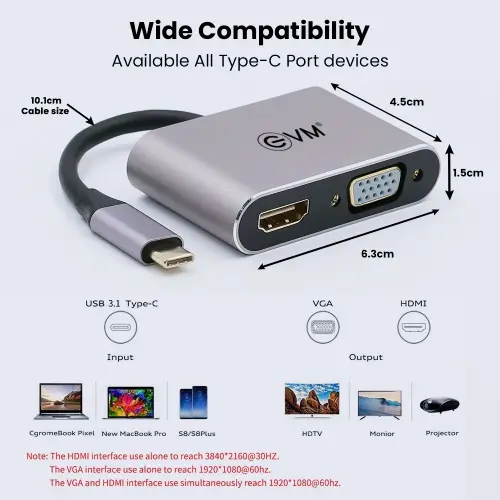 EVM Type C 4-in-1 HDMI+VGA Docking Station Multiport with with 4K HDMI, VGA, USB 3.0, PD Charging ((EVMCHV) 5 EVM Type C 4-in-1 HDMI+VGA Docking Station Multiport with with 4K HDMI, VGA, USB 3.0, PD Charging ((EVMCHV)