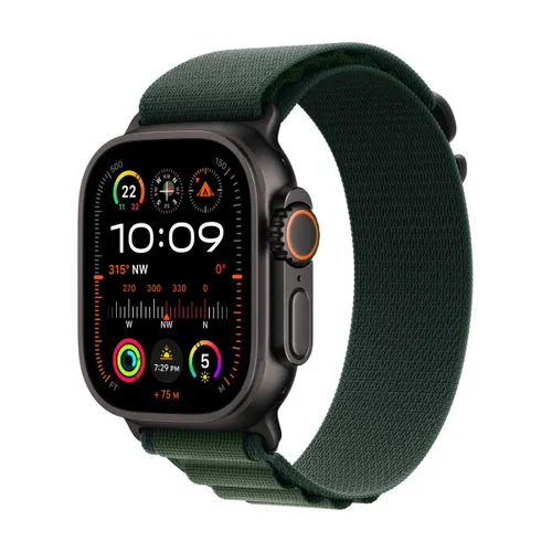 Apple Watch Ultra 2 GPS + Cellular 49mm Black Titanium Case with Dark Green Alpine Loop - Large Strap Size (Bands fits 165-210mm wrists)