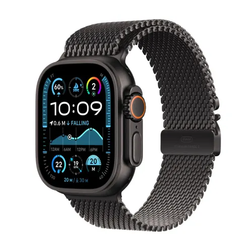 Apple Watch Ultra 2 GPS + Cellular 49mm Black Titanium Case with Black Titanium Milanese Loop - Medium Strap Size (Bands fits 155-185mm wrists)